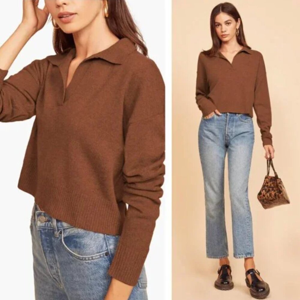 Reformation Cashmere Knit Cropped Polo Sweater in Cinnamon Brown Women's M